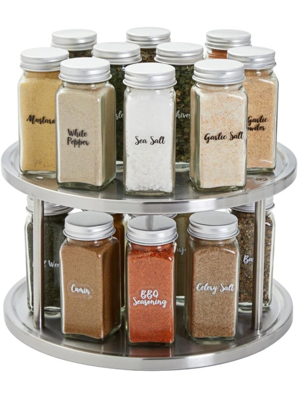 2-Tier Lazy Susan Spice Rack Organizer - Stainless Steel Kitchen Carousel for
